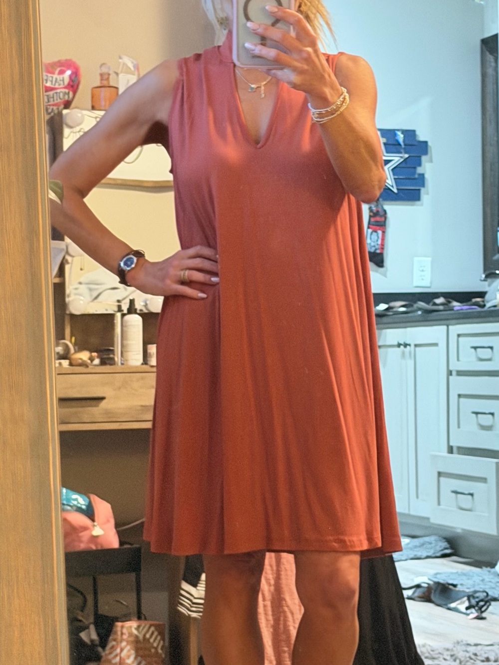 Sleeveless V-Neck A-Line Dress in Rust